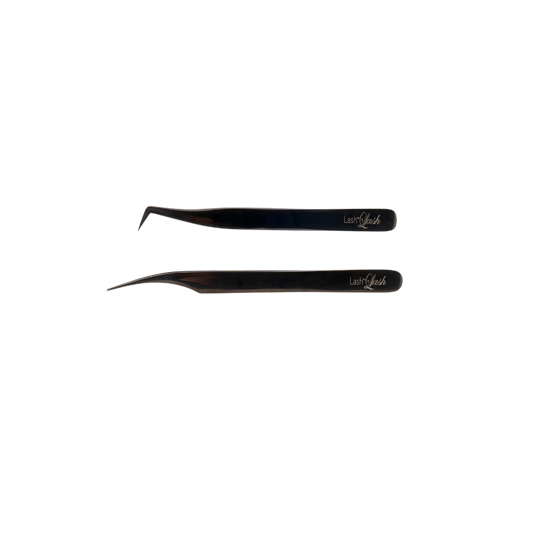A pair of black plasma finish tweezers with the brand name 'Lash by Lash' inscribed on the side.